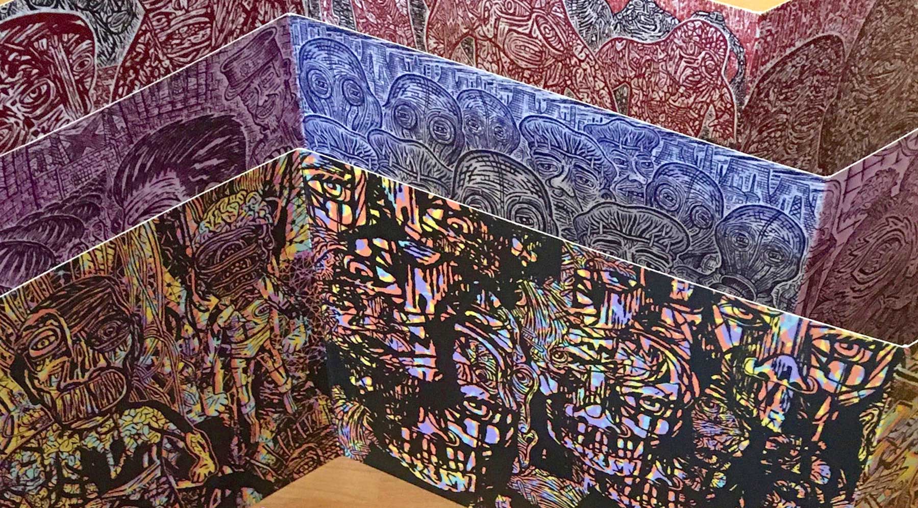 Altered states + Purple obsession + Red insomnia, trois leporellos édités à l'occasion de l'exposition 7 péchés capitaux à la Chapelle Sainte-Croix à Fontenais, mai 2023.